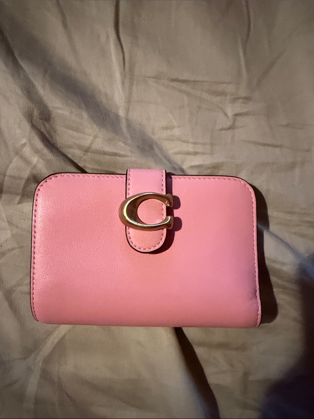 Coach Pink Leather Compact Wallet with Gold 'C' Snap